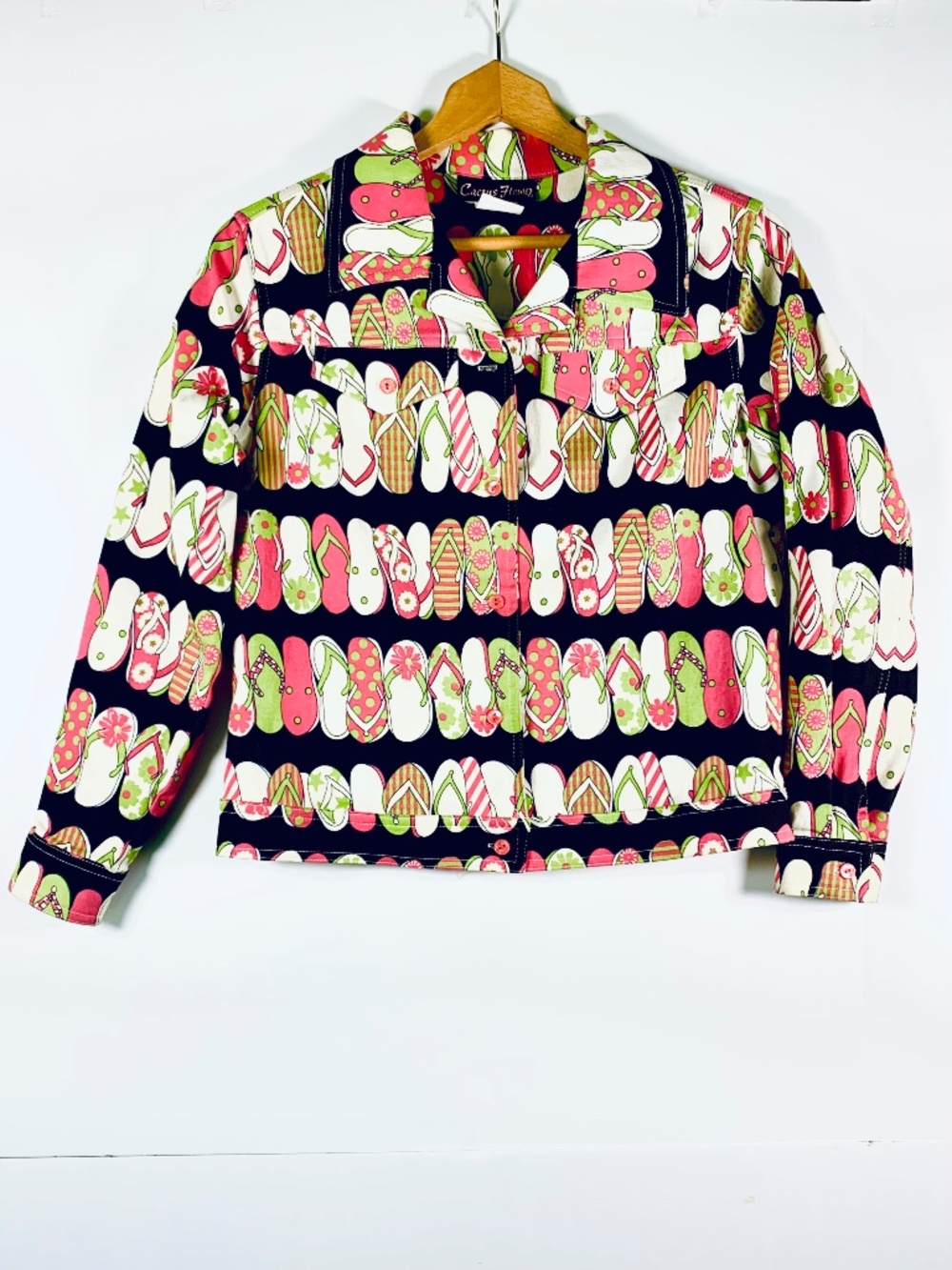 Cactus Flower Eclectic Flip Flop Button Front Statement Jacket Pink Black Beach